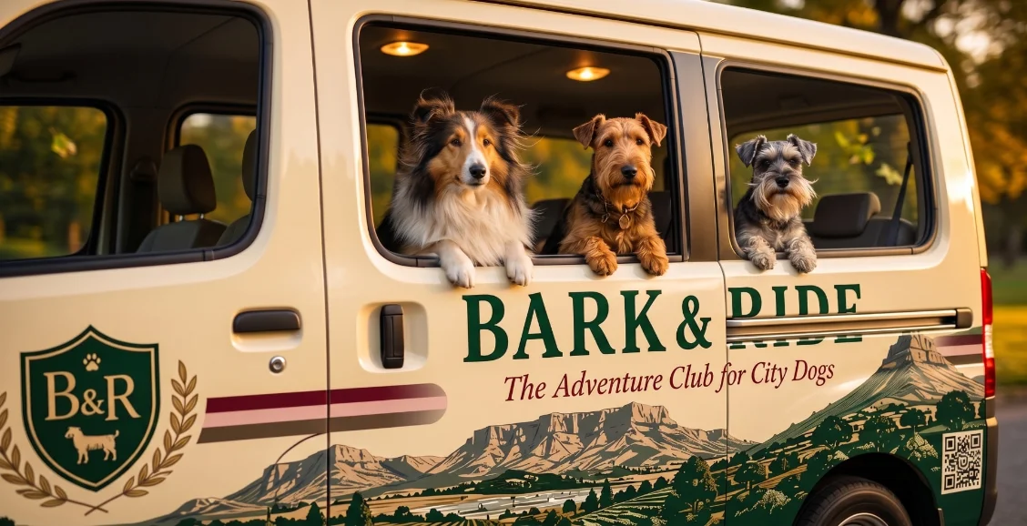 A happy dog leaning out of the Bark & Ride van window in Cape Town light