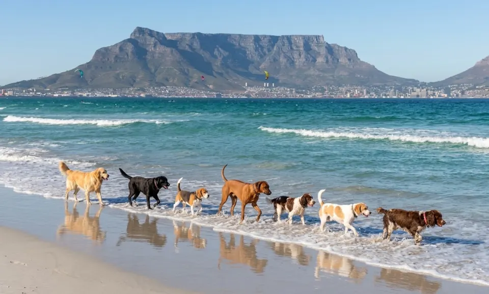 Seven dogs trotting through the shallows at Sunset Beach, with Table Mountain across the bay